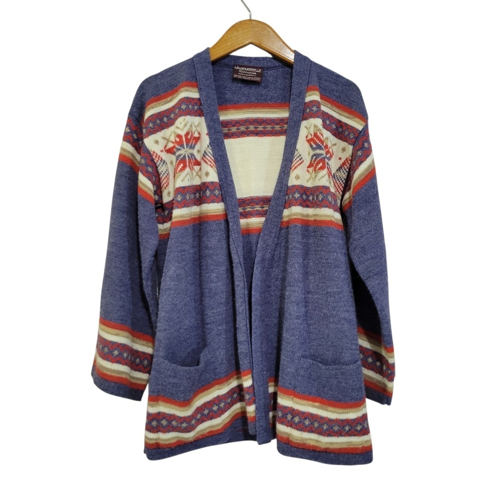Mademoiselle Knitwear Open Front Cardigan Womens S/M Blue Red White Star Vintage